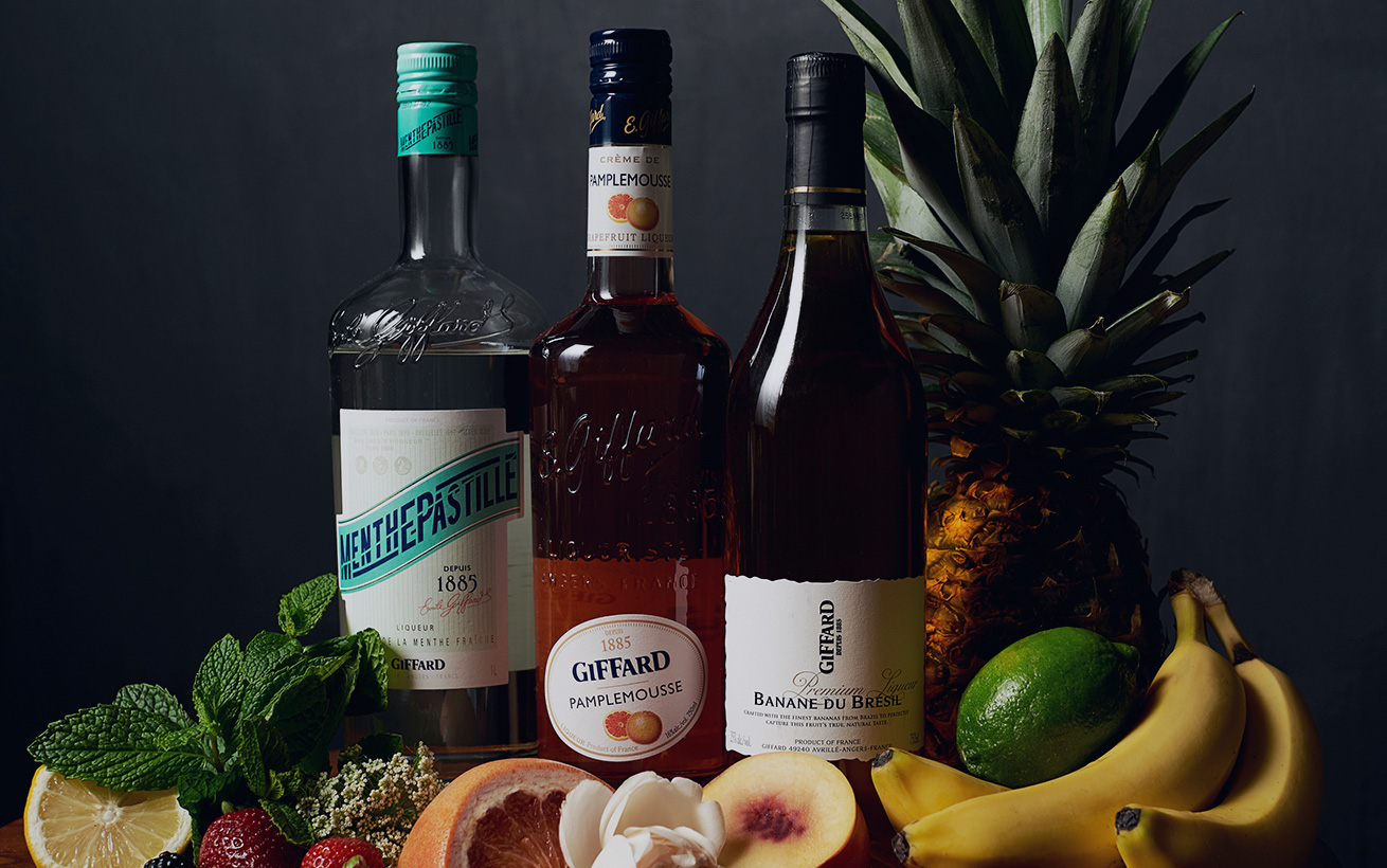 Giffard Liqueurs & Syrups selection of bottles with fruit and flowers