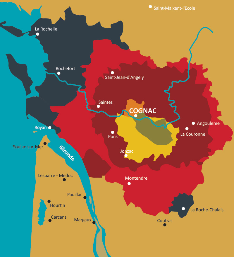Six Crus of Cognac Region map